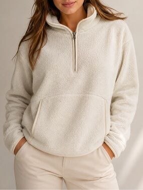 Te Verde Sherpa Fleece Pullover Sweater Size L Cream Cozy Quarter Zip